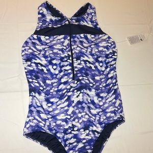 Women's Large Navy Purple Tie Dye Lands' End Zip-Front Crossback One-Piece NWT.